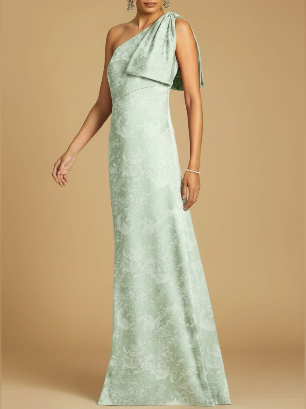 Sachin + Babi One-Shoulder Mint Green Jacquard Gown
